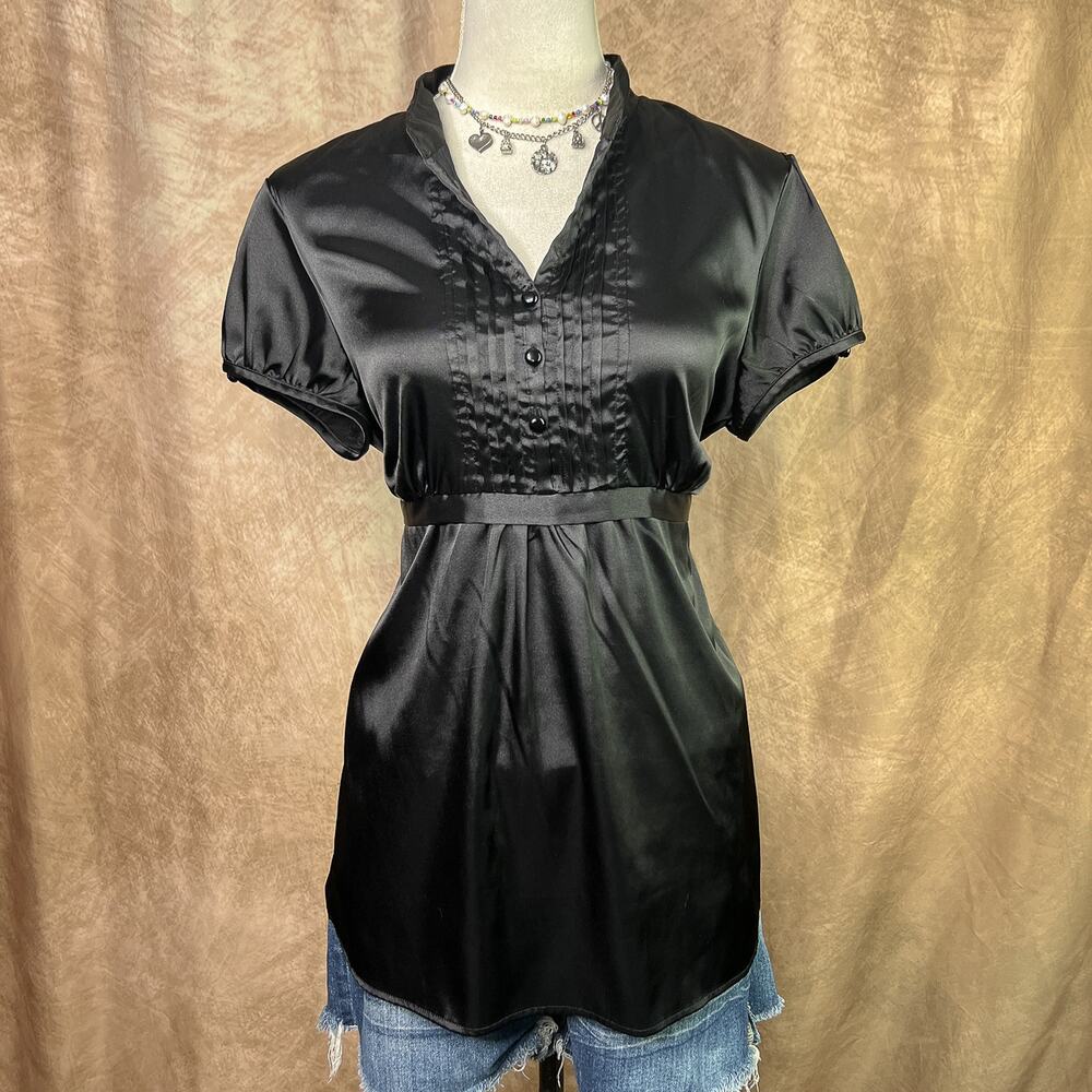 Satin Babydoll Top Black Empire Waist Pleated Short Sleeve Y2K Office Siren Goth
